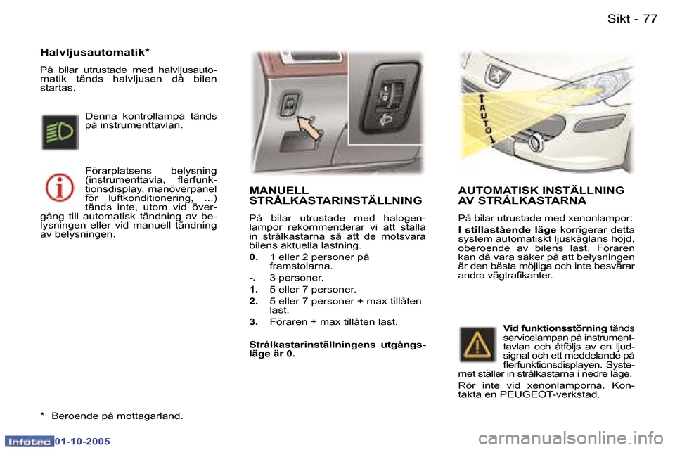 Peugeot 307 SW 2005.5  Ägarmanual (in Swedish) �S�i�k�t�7�6 �-
�0�1�-�1�0�-�2�0�0�5
�7�7�S�i�k�t�-
�0�1�-�1�0�-�2�0�0�5
�M�A�N�U�E�L�L�  
�S�T�R�Å�L�K�A�S�T�A�R�I�N�S�T�Ä�L�L�N�I�N�G
�P�å�  �b�i�l�a�r�  �u�t�r�u�s�t�a�d�e�  �m�e�d�  �h�a�l�o�g�