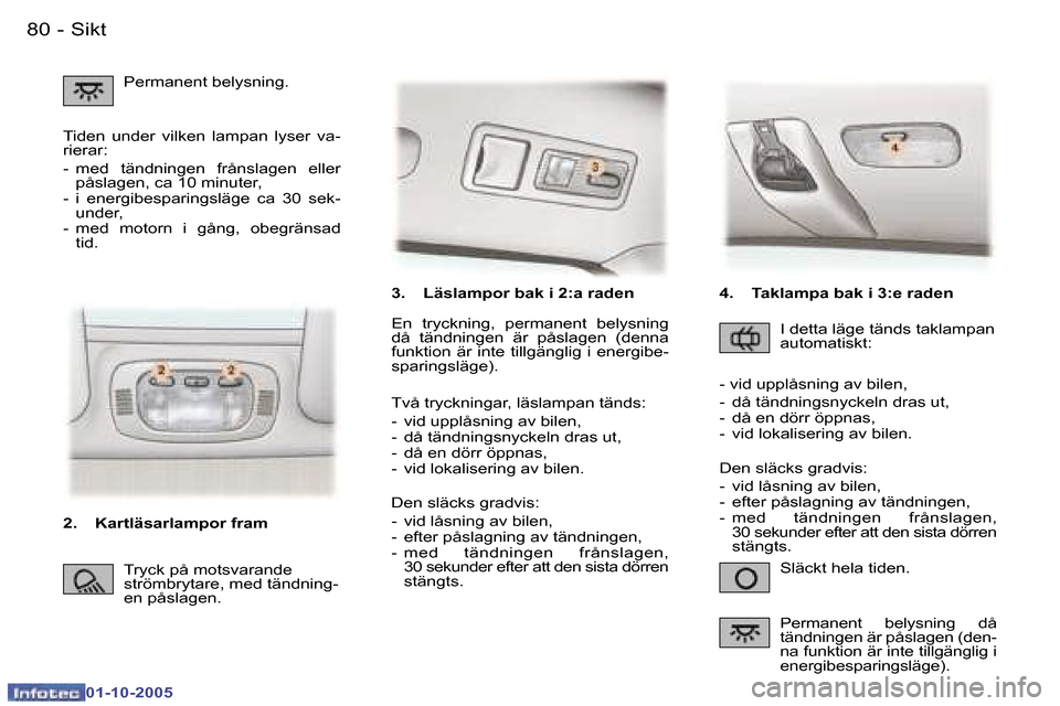 Peugeot 307 SW 2005.5  Ägarmanual (in Swedish) �S�i�k�t�8�0 �-
�0�1�-�1�0�-�2�0�0�5
�3�.�  �L�ä�s�l�a�m�p�o�r� �b�a�k� �i� �2�:�a� �r�a�d�e�n� �S�l�ä�c�k�t� �h�e�l�a� �t�i�d�e�n�.
�E�n�  �t�r�y�c�k�n�i�n�g�,�  �p�e�r�m�a�n�e�n�t�  �b�e�l�y�s�n�i