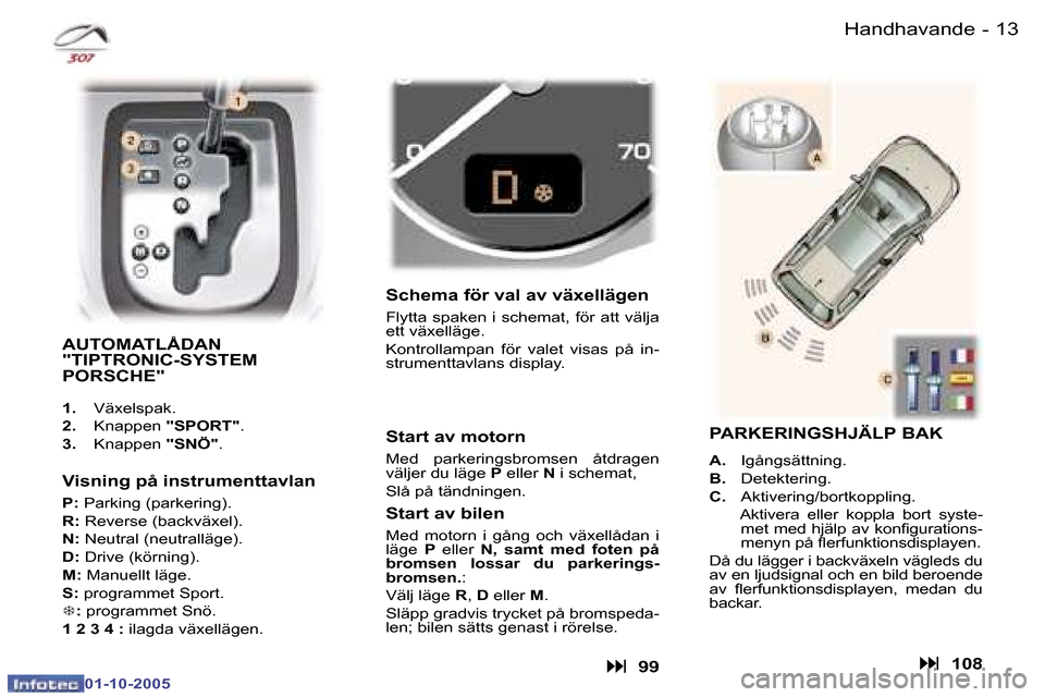 Peugeot 307 SW 2005.5  Ägarmanual (in Swedish) �1�2 �-
�0�1�-�1�0�-�2�0�0�5
�1�3
�-
�0�1�-�1�0�-�2�0�0�5
�A�U�T�O�M�A�T�L�Å�D�A�N�  
�"�T�I�P�T�R�O�N�I�C�-�S�Y�S�T�E�M� 
�P�O�R�S�C�H�E�"
�1�. �  �V�ä�x�e�l�s�p�a�k�.
�2�. �  �K�n�a�p�p�e�n�  �"�S