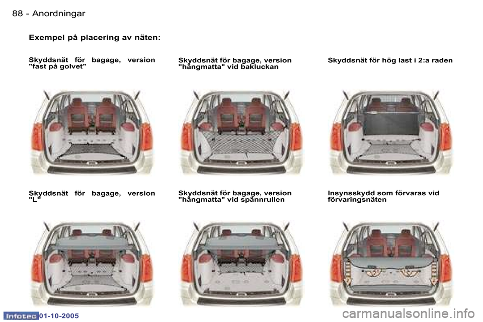 Peugeot 307 SW 2005.5  Ägarmanual (in Swedish) �A�n�o�r�d�n�i�n�g�a�r�8�8 �-
�0�1�-�1�0�-�2�0�0�5
�E�x�e�m�p�e�l� �p�å� �p�l�a�c�e�r�i�n�g� �a�v� �n�ä�t�e�n�:
�S�k�y�d�d�s�n�ä�t�  �f�ö�r�  �b�a�g�a�g�e�,�  �v�e�r�s�i�o�n�  
�"�f�a�s�t� �p�å� 