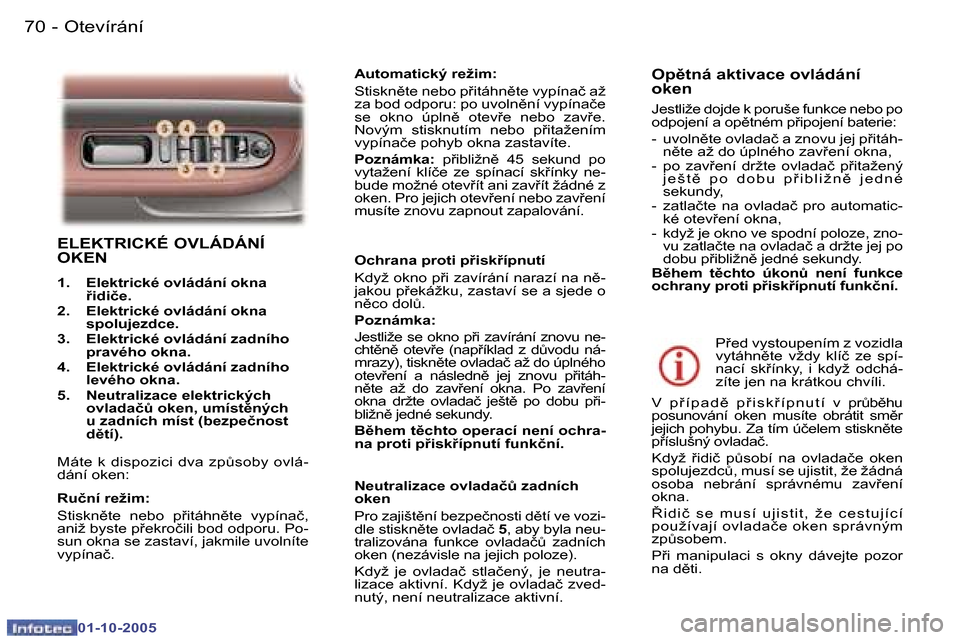 Peugeot 307 SW 2005.5  Návod k obsluze (in Czech) �O�t�e�v�í�r�á�n�í�7�0 �-
�0�1�-�1�0�-�2�0�0�5
�7�1�O�t�e�v�í�r�á�n�í�-
�0�1�-�1�0�-�2�0�0�5
�E�L�E�K�T�R�I�C�K�É� �O�V�L�Á�D�Á�N�Í�  
�O�K�E�N
�1�.�  �E�l�e�k�t�r�i�c�k�é� �o�v�l�á�d�á�n