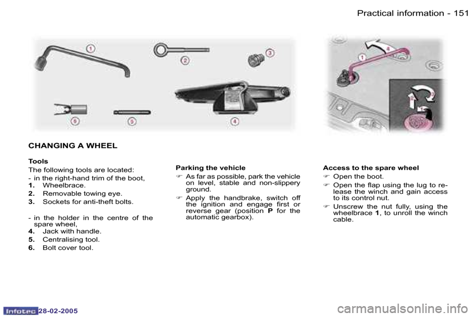 Peugeot 307 SW 2005  Owners Manual �1�5�1�P�r�a�c�t�i�c�a�l� �i�n�f�o�r�m�a�t�i�o�n�-
�2�8�-�0�2�-�2�0�0�5
�P�a�r�k�i�n�g� �t�h�e� �v�e�h�i�c�l�e 
�F�  �A�s� �f�a�r� �a�s� �p�o�s�s�i�b�l�e�,� �p�a�r�k� �t�h�e� �v�e�h�i�c�l�e� 
�o�n�  �