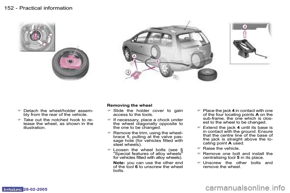Peugeot 307 SW 2005  Owners Manual �P�r�a�c�t�i�c�a�l� �i�n�f�o�r�m�a�t�i�o�n�1�5�2 �-
�2�8�-�0�2�-�2�0�0�5
�1�5�3�P�r�a�c�t�i�c�a�l� �i�n�f�o�r�m�a�t�i�o�n�-
�2�8�-�0�2�-�2�0�0�5
�F�  �D�e�t�a�c�h�  �t�h�e�  �w�h�e�e�l�/�h�o�l�d�e�r� 