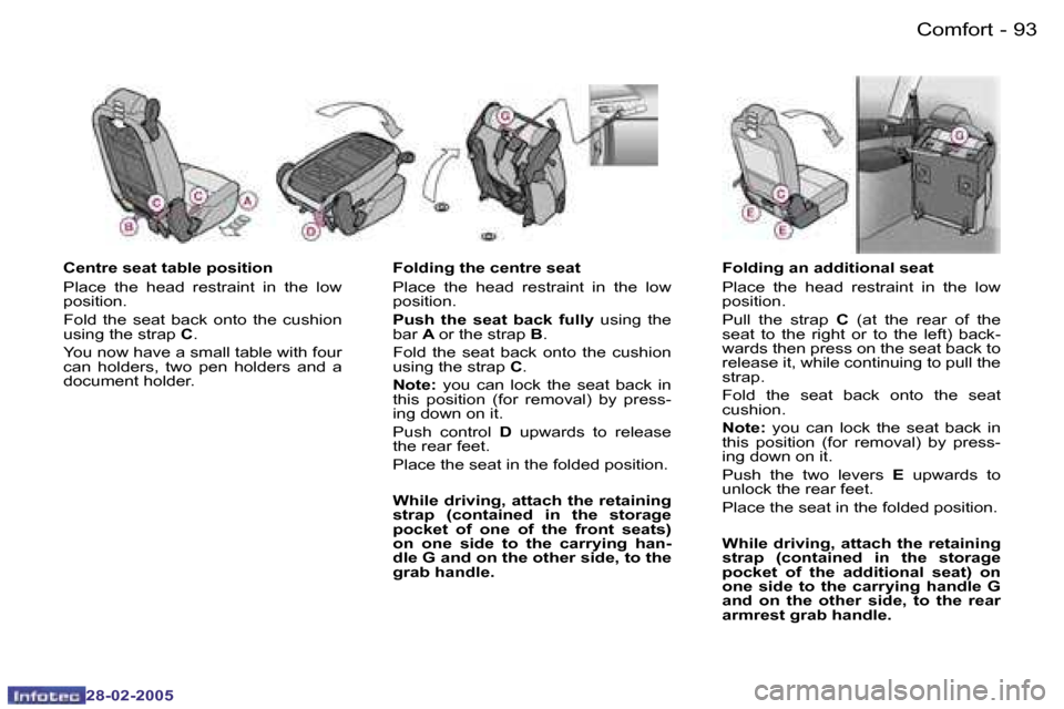 Peugeot 307 SW 2005  Owners Manual �C�o�m�f�o�r�t�9�2 �-
�2�8�-�0�2�-�2�0�0�5
�9�3�C�o�m�f�o�r�t�-
�2�8�-�0�2�-�2�0�0�5
�C�e�n�t�r�e� �s�e�a�t� �t�a�b�l�e� �p�o�s�i�t�i�o�n 
�P�l�a�c�e�  �t�h�e�  �h�e�a�d�  �r�e�s�t�r�a�i�n�t�  �i�n�  