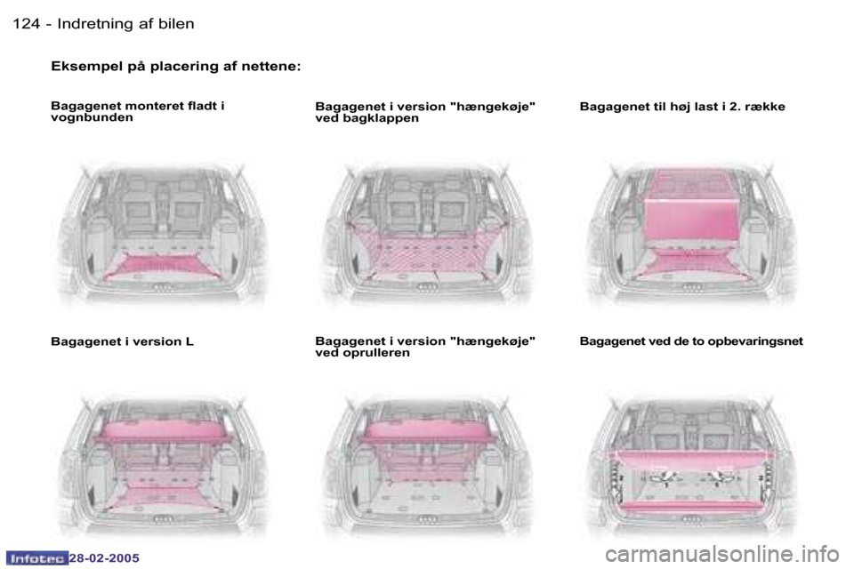 Peugeot 307 SW 2005  Instruktionsbog (in Danish) �I�n�d�r�e�t�n�i�n�g� �a�f� �b�i�l�e�n�1�2�4 �-
�2�8�-�0�2�-�2�0�0�5
�E�k�s�e�m�p�e�l� �p�å� �p�l�a�c�e�r�i�n�g� �a�f� �n�e�t�t�e�n�e�:
�B�a�g�a�g�e�n�e�t� �m�o�n�t�e�r�e�t� �l�a�d�t� �i�  
�v�o�g�n�