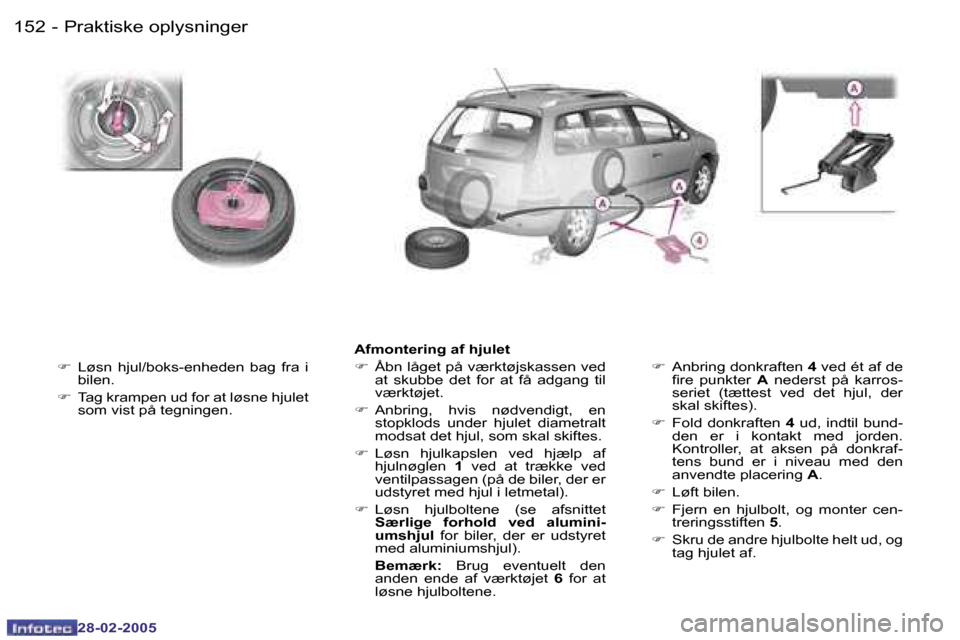 Peugeot 307 SW 2005  Instruktionsbog (in Danish) �P�r�a�k�t�i�s�k�e� �o�p�l�y�s�n�i�n�g�e�r�1�5�2 �-
�2�8�-�0�2�-�2�0�0�5
�1�5�3�P�r�a�k�t�i�s�k�e� �o�p�l�y�s�n�i�n�g�e�r�-
�2�8�-�0�2�-�2�0�0�5
�F� �L�ø�s�n�  �h�j�u�l�/�b�o�k�s�-�e�n�h�e�d�e�n�  �b