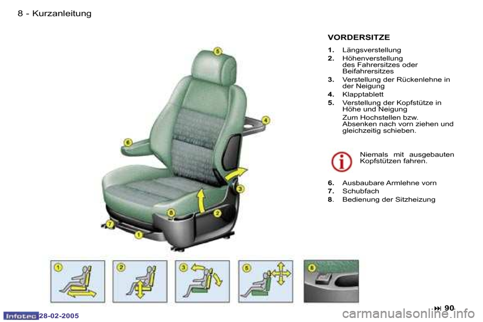 Peugeot 307 SW 2005  Betriebsanleitung (in German) �K�u�r�z�a�n�l�e�i�t�u�n�g�8 �-
�2�8�-�0�2�-�2�0�0�5
�9�K�u�r�z�a�n�l�e�i�t�u�n�g�-
�2�8�-�0�2�-�2�0�0�5
�V�O�R�D�E�R�S�I�T�Z�E
�1�.�  �L�ä�n�g�s�v�e�r�s�t�e�l�l�u�n�g� 
�2�. �  �H�ö�h�e�n�v�e�r�s�t