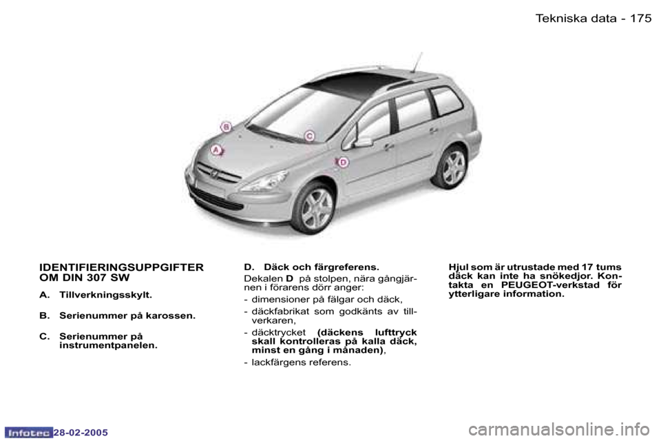Peugeot 307 SW 2005  Ägarmanual (in Swedish) �T�e�k�n�i�s�k�a� �d�a�t�a�1�7�4 �-
�2�8�-�0�2�-�2�0�0�5
�1�7�5�T�e�k�n�i�s�k�a� �d�a�t�a�-
�2�8�-�0�2�-�2�0�0�5
�I�D�E�N�T�I�F�I�E�R�I�N�G�S�U�P�P�G�I�F�T�E�R�  
�O�M� �D�I�N� �3�0�7� �S�W
�A�.�  �T�