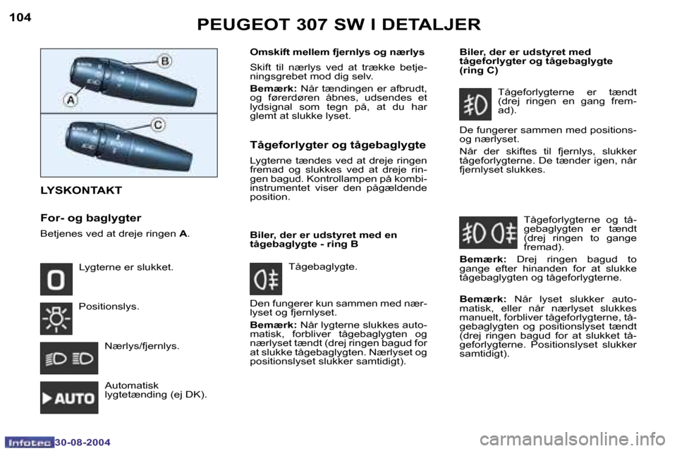 Peugeot 307 SW 2004.5  Instruktionsbog (in Danish) �1�0�4
�3�0�-�0�8�-�2�0�0�4
�1�0�5
�3�0�-�0�8�-�2�0�0�4
�P�E�U�G�E�O�T� �3�0�7� �S�W� �I� �D�E�T�A�L�J�E�R
�L�Y�S�K�O�N�T�A�K�T
�O�m�s�k�i�f�t� �m�e�l�l�e�m� �f�j�e�r�n�l�y�s� �o�g� �n�æ�r�l�y�s 
�S�