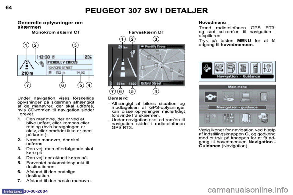 Peugeot 307 SW 2004.5  Instruktionsbog (in Danish) �6�4
�3�0�-�0�8�-�2�0�0�4
�6�5
�3�0�-�0�8�-�2�0�0�4
�G�e�n�e�r�e�l�l�e� �o�p�l�y�s�n�i�n�g�e�r� �o�m�  
�s�k�æ�r�m�e�n
�M�o�n�o�k�r�o�m� �s�k�æ�r�m� �C�T �F�a�r�v�e�s�k�æ�r�m� �D�T�H�o�v�e�d�m�e�n�