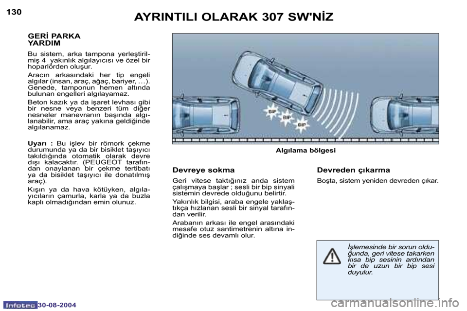 Peugeot 307 SW 2004.5  Kullanım Kılavuzu (in Turkish) �1�3�0
�3�0�-�0�8�-�2�0�0�4
�1�3�1
�3�0�-�0�8�-�2�0�0�4
�A�Y�R�I�N�T�I�L�I� �O�L�A�R�A�K� �3�0�7� �S�W��N�İ�Z
�G�E�R�İ� �P�A�R�K�A�  
�Y�A�R�D�I�M� 
�B�u�  �s�i�s�t�e�m�,�  �a�r�k�a�  �t�a�m�p�o�n�