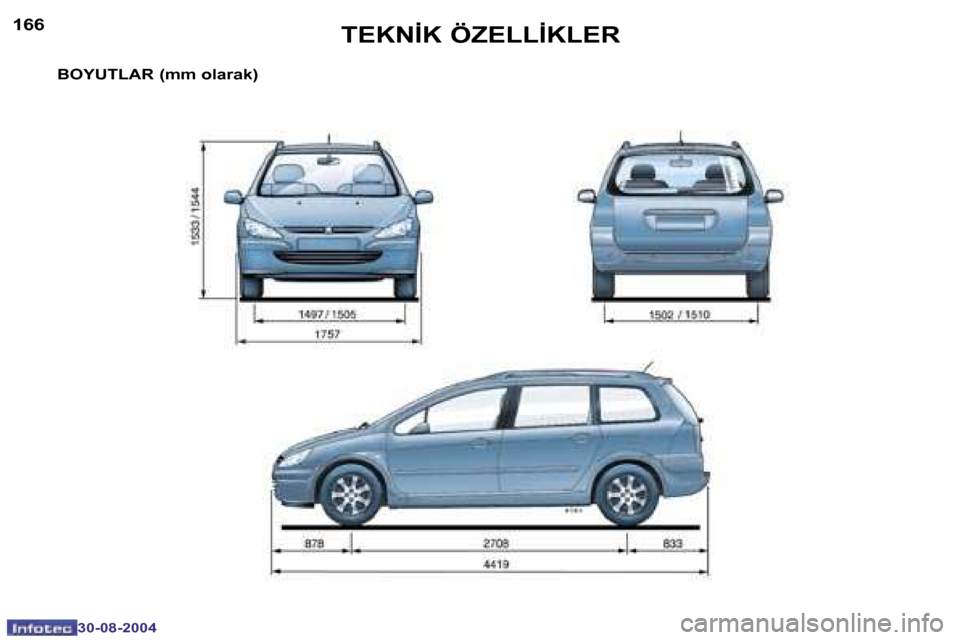 Peugeot 307 SW 2004.5  Kullanım Kılavuzu (in Turkish) �1�6�6
�3�0�-�0�8�-�2�0�0�4
�1�6�7
�3�0�-�0�8�-�2�0�0�4
�T�E�K�N�İ�K� �Ö�Z�E�L�L�İ�K�L�E�R
�B�O�Y�U�T�L�A�R� �(�m�m� �o�l�a�r�a�k�)  