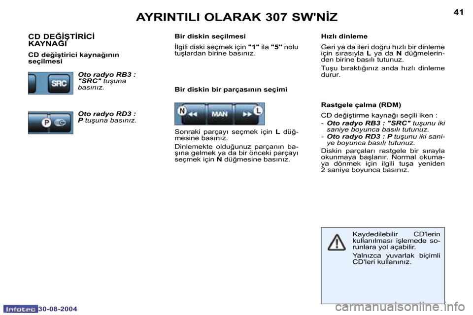 Peugeot 307 SW 2004.5  Kullanım Kılavuzu (in Turkish) �4�0
�3�0�-�0�8�-�2�0�0�4
�4�1
�3�0�-�0�8�-�2�0�0�4
�A�Y�R�I�N�T�I�L�I� �O�L�A�R�A�K� �3�0�7� �S�W��N�İ�Z
�B�i�r� �d�i�s�k�i�n� �b�i�r� �p�a�r�ç�a�s�ı�n�ı�n� �s�e�ç�i�m�i� �R�a�s�t�g�e�l�e� �ç�