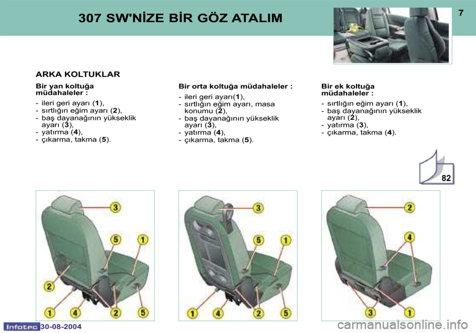 Peugeot 307 SW 2004.5  Kullanım Kılavuzu (in Turkish) �8�2
�6
�3�0�-�0�8�-�2�0�0�4
�7
�3�0�-�0�8�-�2�0�0�4
�A�R�K�A� �K�O�L�T�U�K�L�A�R
�B�i�r� �y�a�n� �k�o�l�t�u�ğ�a�  
�m�ü�d�a�h�a�l�e�l�e�r� �: 
�-�  �i�l�e�r�i� �g�e�r�i� �a�y�a�r�ı� �(�1�)�,
�-�  
