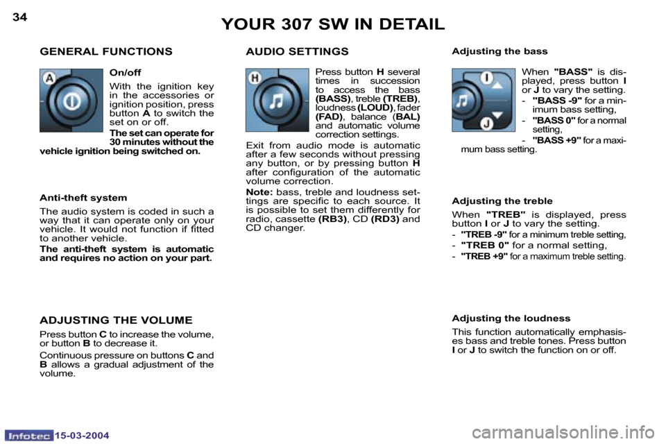 Peugeot 307 SW 2004  Owners Manual �1�5�-�0�3�-�2�0�0�4�1�5�-�0�3�-�2�0�0�4
�3�4�3�5�Y�O�U�R� �3�0�7� �S�W� �I�N� �D�E�T�A�I�L
�G�E�N�E�R�A�L� �F�U�N�C�T�I�O�N�S �A�U�D�I�O� �S�E�T�T�I�N�G�S
�A�d�j�u�s�t�i�n�g� �t�h�e� �l�o�u�d�n�e�s�s