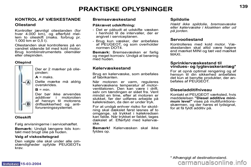 Peugeot 307 SW 2004  Instruktionsbog (in Danish) �1�3�8
�1�5�-�0�3�-�2�0�0�4
�1�3�9
�1�5�-�0�3�-�2�0�0�4
�P�R�A�K�T�I�S�K�E� �O�P�L�Y�S�N�I�N�G�E�R
�K�O�N�T�R�O�L� �A�F� �V�Æ�S�K�E�S�T�A�N�D�E
�O�l�i�e�s�t�a�n�d
�K�o�n�t�r�o�l�l�e�r�  �j�æ�v�n�l�i