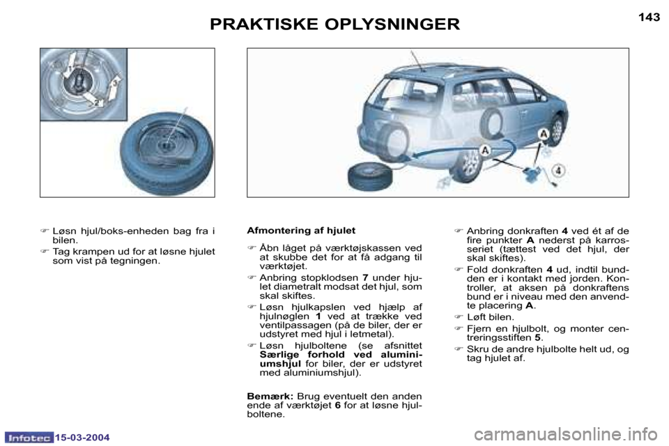 Peugeot 307 SW 2004  Instruktionsbog (in Danish) �1�4�2
�1�5�-�0�3�-�2�0�0�4
�1�4�3
�1�5�-�0�3�-�2�0�0�4
�P�R�A�K�T�I�S�K�E� �O�P�L�Y�S�N�I�N�G�E�R
�F� �L�ø�s�n�  �h�j�u�l�/�b�o�k�s�-�e�n�h�e�d�e�n�  �b�a�g�  �f�r�a�  �i�  
�b�i�l�e�n�.
�F � �T�a�g