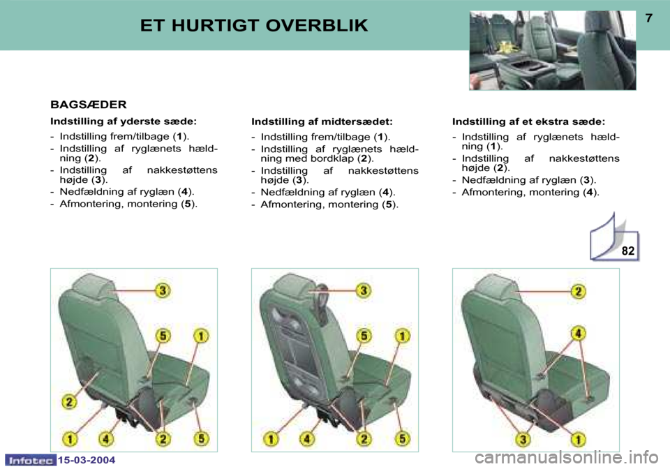Peugeot 307 SW 2004  Instruktionsbog (in Danish) �8�2
�6
�1�5�-�0�3�-�2�0�0�4
�7
�1�5�-�0�3�-�2�0�0�4
�B�A�G�S�Æ�D�E�R
�I�n�d�s�t�i�l�l�i�n�g� �a�f� �y�d�e�r�s�t�e� �s�æ�d�e�: 
�-�  �I�n�d�s�t�i�l�l�i�n�g� �f�r�e�m�/�t�i�l�b�a�g�e� �(�1�)�.
�-�  �