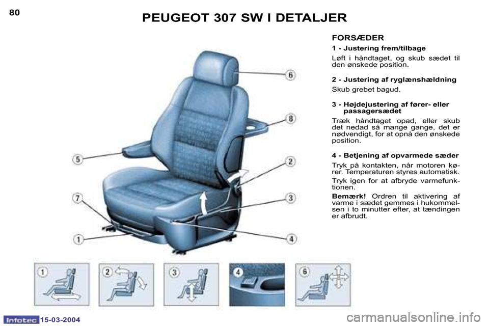 Peugeot 307 SW 2004  Instruktionsbog (in Danish) �1�5�-�0�3�-�2�0�0�4�1�5�-�0�3�-�2�0�0�4
�8�0�8�1�P�E�U�G�E�O�T� �3�0�7� �S�W� �I� �D�E�T�A�L�J�E�R�F�O�R�S�Æ�D�E�R
�1� �-� �J�u�s�t�e�r�i�n�g� �f�r�e�m�/�t�i�l�b�a�g�e 
�L�ø�f�t�  �i�  �h�å�n�d�t�