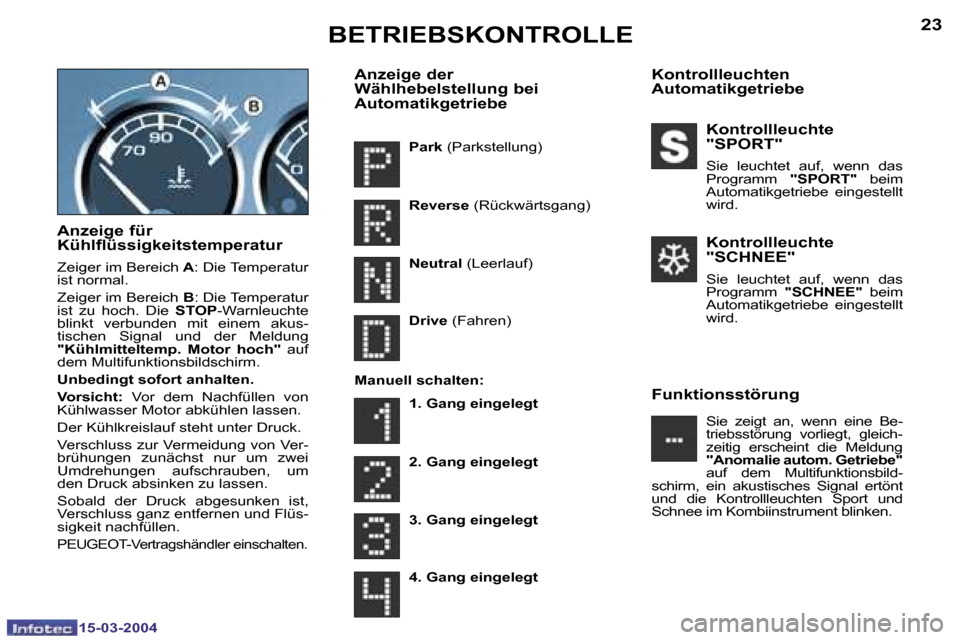 Peugeot 307 SW 2004  Betriebsanleitung (in German) �1�5�-�0�3�-�2�0�0�4�1�5�-�0�3�-�2�0�0�4
�2�2�2�3
�A�n�z�e�i�g�e� �f�ü�r�  
�K�ü�h�l�f�l�ü�s�s�i�g�k�e�i�t�s�t�e�m�p�e�r�a�t�u�r
�Z�e�i�g�e�r� �i�m� �B�e�r�e�i�c�h� �A�:� �D�i�e� �T�e�m�p�e�r�a�t�u
