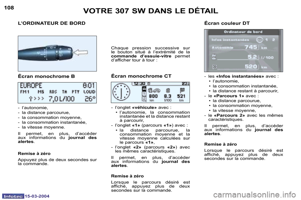 Peugeot 307 SW 2004  Manuel du propriétaire (in French) �1�5�-�0�3�-�2�0�0�4�1�5�-�0�3�-�2�0�0�4
�1�0�8�1�0�9
�L�’�O�R�D�I�N�A�T�E�U�R� �D�E� �B�O�R�D�É�c�r�a�n� �c�o�u�l�e�u�r� �D�T
�V�O�T�R�E� �3�0�7� �S�W� �D�A�N�S� �L�E� �D�É�T�A�I�L
�É�c�r�a�n� �