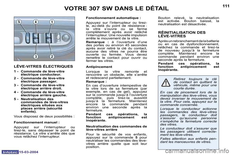 Peugeot 307 SW 2004  Manuel du propriétaire (in French) �1�5�-�0�3�-�2�0�0�4�1�5�-�0�3�-�2�0�0�4
�1�1�0�1�1�1
�L�È�V�E�-�V�I�T�R�E�S� �É�L�E�C�T�R�I�Q�U�E�S
�1� �-� �  �C�o�m�m�a�n�d�e� �d�e� �l�è�v�e�-�v�i�t�r�e� �é�l�e�c�t�r�i�q�u�e� �c�o�n�d�u�c�t�e