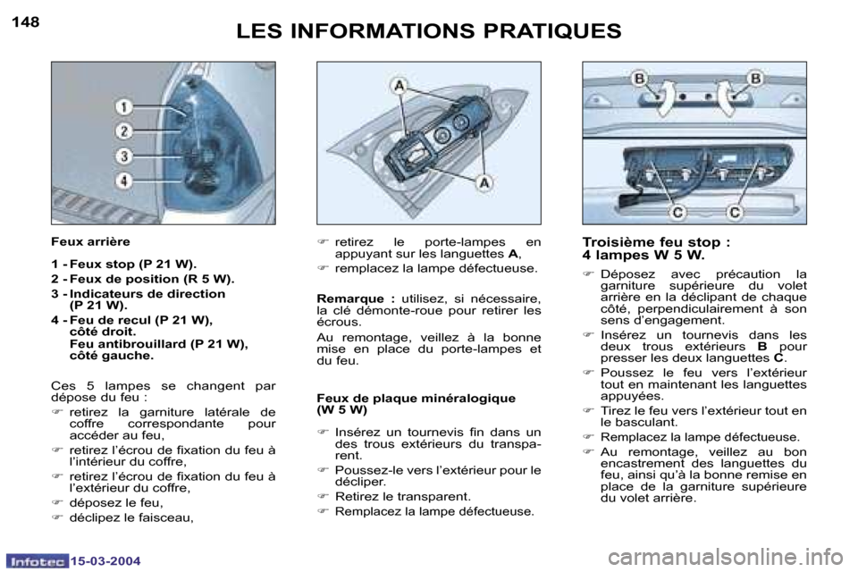 Peugeot 307 SW 2004  Manuel du propriétaire (in French) �1�5�-�0�3�-�2�0�0�4�1�5�-�0�3�-�2�0�0�4
�1�4�8�1�4�9�L�E�S� �I�N�F�O�R�M�A�T�I�O�N�S� �P�R�A�T�I�Q�U�E�S�T�r�o�i�s�i�è�m�e� �f�e�u� �s�t�o�p� �: 
�4� �l�a�m�p�e�s� �W� �5� �W�.
�F�  �D�é�p�o�s�e�z�