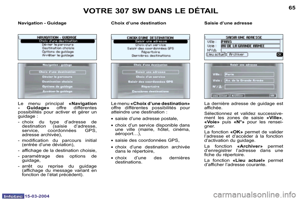 Peugeot 307 SW 2004  Manuel du propriétaire (in French) �1�5�-�0�3�-�2�0�0�4�1�5�-�0�3�-�2�0�0�4
�6�4�6�5
�N�a�v�i�g�a�t�i�o�n� �-� �G�u�i�d�a�g�e �C�h�o�i�x� �d�’�u�n�e� �d�e�s�t�i�n�a�t�i�o�n �S�a�i�s�i�e� �d�’�u�n�e� �a�d�r�e�s�s�e
�L�e�  �m�e�n�u� 