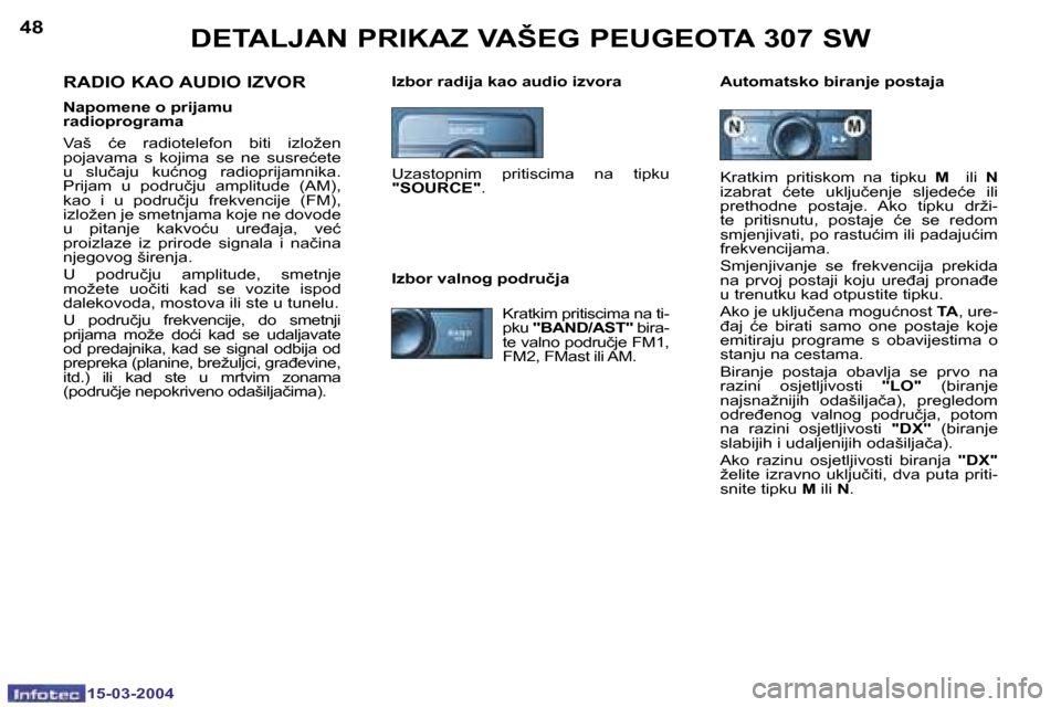 Peugeot 307 SW 2004  Vodič za korisnike (in Croatian) �1�5�-�0�3�-�2�0�0�4�1�5�-�0�3�-�2�0�0�4
�4�8�4�9�D�E�T�A�L�J�A�N� �P�R�I�K�A�Z� �V�A�Š�E�G� �P�E�U�G�E�O�T�A� �3�0�7� �S�W
�I�z�b�o�r� �r�a�d�i�j�a� �k�a�o� �a�u�d�i�o� �i�z�v�o�r�a �A�u�t�o�m�a�t�s