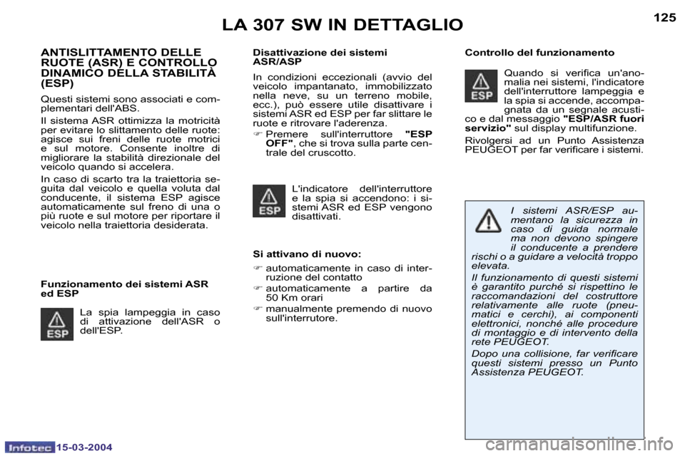 Peugeot 307 SW 2004  Manuale del proprietario (in Italian) �1�2�4
�1�5�-�0�3�-�2�0�0�4
�1�2�5
�1�5�-�0�3�-�2�0�0�4
�L�A� �3�0�7� �S�W� �I�N� �D�E�T�T�A�G�L�I�O
�A�N�T�I�S�L�I�T�T�A�M�E�N�T�O� �D�E�L�L�E�  
�R�U�O�T�E� �(�A�S�R�)� �E� �C�O�N�T�R�O�L�L�O� 
�D�I