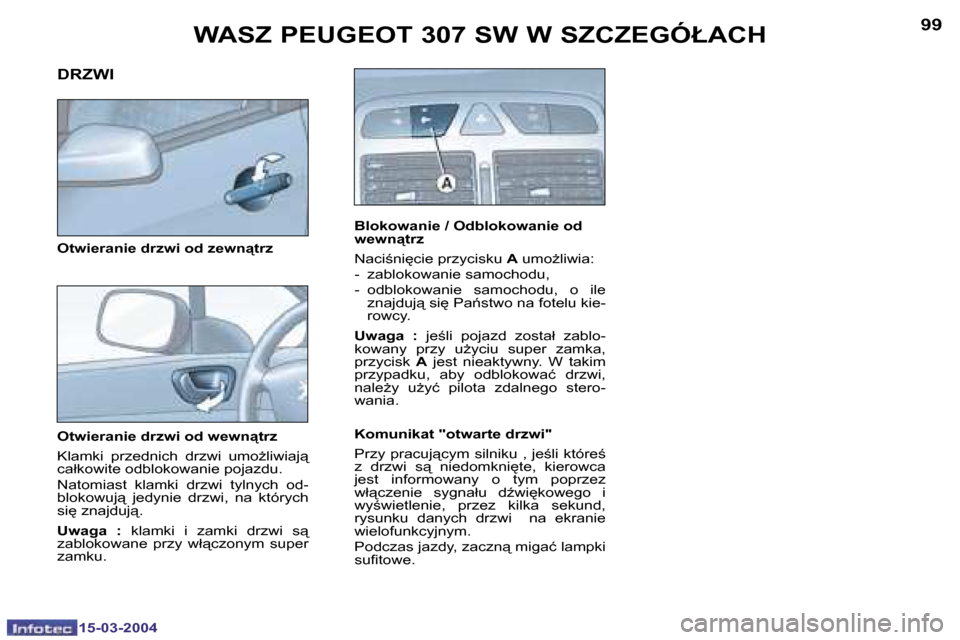 Peugeot 307 SW 2004  Instrukcja Obsługi (in Polish) �1�5�-�0�3�-�2�0�0�4�1�5�-�0�3�-�2�0�0�4
�9�8�9�9
�O�t�w�i�e�r�a�n�i�e� �d�r�z�w�i� �o�d� �w�e�w�n"�t�r�z 
�K�l�a�m�k�i�  �p�r�z�e�d�n�i�c�h�  �d�r�z�w�i�  �u�m�oG�l�i�w�i�a�j"�  
�c�a�ł�k�o�w�i�t