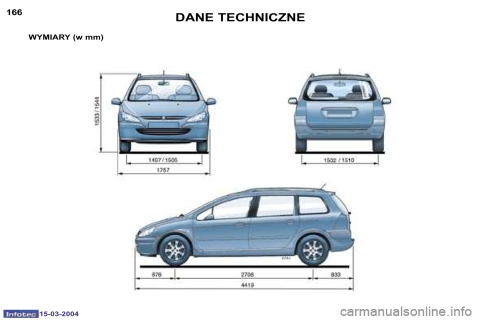 Peugeot 307 SW 2004  Instrukcja Obsługi (in Polish) �1�5�-�0�3�-�2�0�0�4�1�5�-�0�3�-�2�0�0�4
�1�6�6�1�6�7�D�A�N�E� �T�E�C�H�N�I�C�Z�N�E
�W�Y�M�I�A�R�Y� �(�w� �m�m�)  