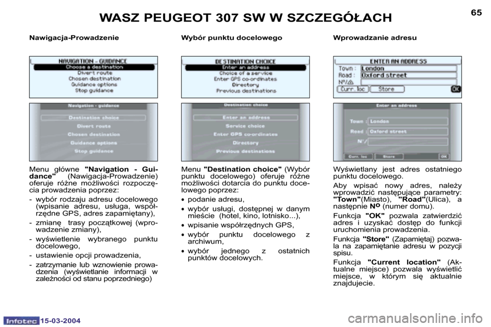 Peugeot 307 SW 2004  Instrukcja Obsługi (in Polish) �1�5�-�0�3�-�2�0�0�4�1�5�-�0�3�-�2�0�0�4
�6�4�6�5
�N�a�w�i�g�a�c�j�a�-�P�r�o�w�a�d�z�e�n�i�e �W�y�b�ó�r� �p�u�n�k�t�u� �d�o�c�e�l�o�w�e�g�o �W�p�r�o�w�a�d�z�a�n�i�e� �a�d�r�e�s�u
�M�e�n�u�  �g�ł�ó�