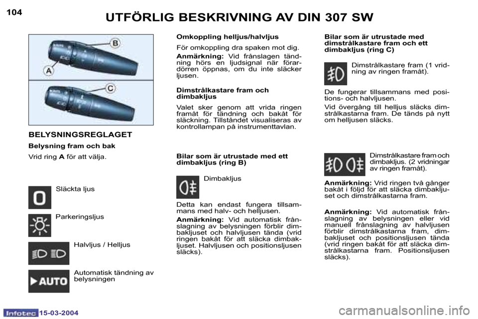 Peugeot 307 SW 2004  Ägarmanual (in Swedish) �1�5�-�0�3�-�2�0�0�4�1�5�-�0�3�-�2�0�0�4
�1�0�4�1�0�5�U�T�F�Ö�R�L�I�G� �B�E�S�K�R�I�V�N�I�N�G� �A�V� �D�I�N� �3�0�7� �S�W
�B�E�L�Y�S�N�I�N�G�S�R�E�G�L�A�G�E�T
�B�e�l�y�s�n�i�n�g� �f�r�a�m� �o�c�h� �b