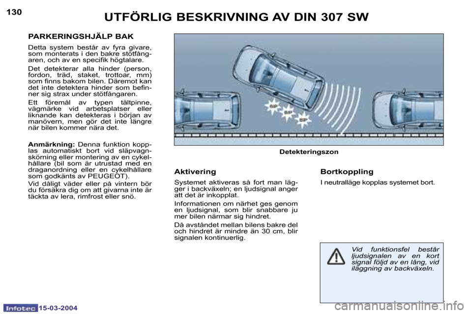 Peugeot 307 SW 2004  Ägarmanual (in Swedish) �1�5�-�0�3�-�2�0�0�4�1�5�-�0�3�-�2�0�0�4
�1�3�0�1�3�1�U�T�F�Ö�R�L�I�G� �B�E�S�K�R�I�V�N�I�N�G� �A�V� �D�I�N� �3�0�7� �S�W
�P�A�R�K�E�R�I�N�G�S�H�J�Ä�L�P� �B�A�K� 
�D�e�t�t�a�  �s�y�s�t�e�m�  �b�e�s�
