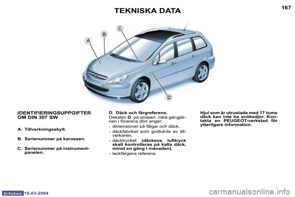 Peugeot 307 SW 2004  Ägarmanual (in Swedish) �1�5�-�0�3�-�2�0�0�4�1�5�-�0�3�-�2�0�0�4
�1�6�6�1�6�7
�D�.�  �D�ä�c�k� �o�c�h� �f�ä�r�g�r�e�f�e�r�e�n�s�. 
�D�e�k�a�l�e�n� �D� � �p�å� �s�t�o�l�p�e�n�,� �n�ä�r�a� �g�å�n�g�j�ä�r�-
�n�e�n� �i� �f