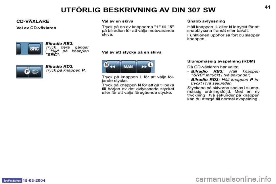 Peugeot 307 SW 2004  Ägarmanual (in Swedish) �1�5�-�0�3�-�2�0�0�4�1�5�-�0�3�-�2�0�0�4
�4�0�4�1�U�T�F�Ö�R�L�I�G� �B�E�S�K�R�I�V�N�I�N�G� �A�V� �D�I�N� �3�0�7� �S�W
�V�a�l� �a�v� �e�t�t� �s�t�y�c�k�e� �p�å� �e�n� �s�k�i�v�a�S�l�u�m�p�m�ä�s�s�i�