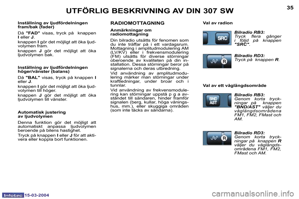 Peugeot 307 SW 2004  Ägarmanual (in Swedish) �1�5�-�0�3�-�2�0�0�4�1�5�-�0�3�-�2�0�0�4
�3�4�3�5�U�T�F�Ö�R�L�I�G� �B�E�S�K�R�I�V�N�I�N�G� �A�V� �D�I�N� �3�0�7� �S�W�R�A�D�I�O�M�O�T�T�A�G�N�I�N�G
�A�n�m�ä�r�k�n�i�n�g�a�r� �o�m�  
�r�a�d�i�o�m�o�t