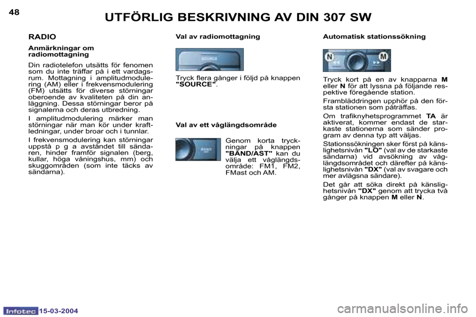 Peugeot 307 SW 2004  Ägarmanual (in Swedish) �1�5�-�0�3�-�2�0�0�4�1�5�-�0�3�-�2�0�0�4
�4�8�4�9�U�T�F�Ö�R�L�I�G� �B�E�S�K�R�I�V�N�I�N�G� �A�V� �D�I�N� �3�0�7� �S�W
�V�a�l� �a�v� �r�a�d�i�o�m�o�t�t�a�g�n�i�n�g �A�u�t�o�m�a�t�i�s�k� �s�t�a�t�i�o�n