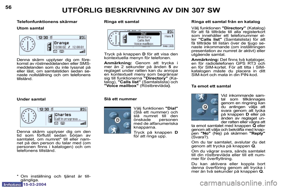 Peugeot 307 SW 2004  Ägarmanual (in Swedish) �1�5�-�0�3�-�2�0�0�4�1�5�-�0�3�-�2�0�0�4
�5�6�5�7
�T�e�l�e�f�o�n�f�u�n�k�t�i�o�n�e�n�s� �s�k�ä�r�m�a�r�  
�U�t�o�m� �s�a�m�t�a�l 
�U�n�d�e�r� �s�a�m�t�a�l
�U�T�F�Ö�R�L�I�G� �B�E�S�K�R�I�V�N�I�N�G� �
