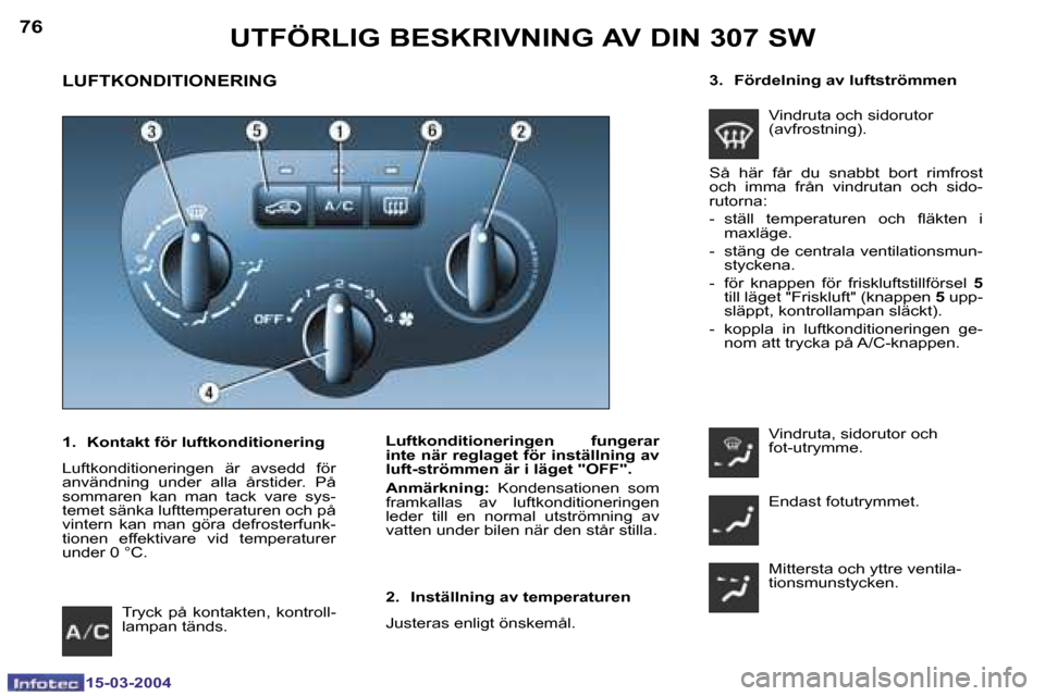 Peugeot 307 SW 2004  Ägarmanual (in Swedish) �1�5�-�0�3�-�2�0�0�4�1�5�-�0�3�-�2�0�0�4
�7�6�7�7�U�T�F�Ö�R�L�I�G� �B�E�S�K�R�I�V�N�I�N�G� �A�V� �D�I�N� �3�0�7� �S�W
�L�U�F�T�K�O�N�D�I�T�I�O�N�E�R�I�N�G
�L�u�f�t�k�o�n�d�i�t�i�o�n�e�r�i�n�g�e�n�  �