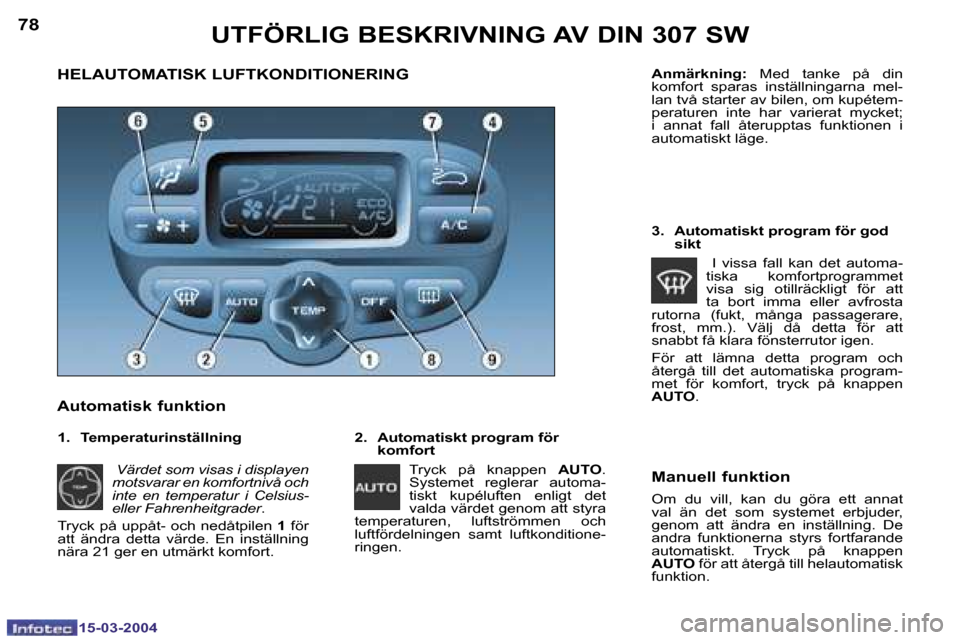 Peugeot 307 SW 2004  Ägarmanual (in Swedish) �1�5�-�0�3�-�2�0�0�4�1�5�-�0�3�-�2�0�0�4
�7�8�7�9
�H�E�L�A�U�T�O�M�A�T�I�S�K� �L�U�F�T�K�O�N�D�I�T�I�O�N�E�R�I�N�G 
�A�u�t�o�m�a�t�i�s�k� �f�u�n�k�t�i�o�n
�2�.�  �A�u�t�o�m�a�t�i�s�k�t� �p�r�o�g�r�a�m