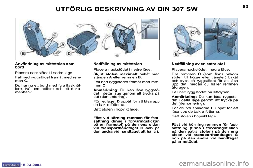 Peugeot 307 SW 2004  Ägarmanual (in Swedish) �1�5�-�0�3�-�2�0�0�4�1�5�-�0�3�-�2�0�0�4
�8�2�8�3�U�T�F�Ö�R�L�I�G� �B�E�S�K�R�I�V�N�I�N�G� �A�V� �D�I�N� �3�0�7� �S�W
�A�n�v�ä�n�d�n�i�n�g� �a�v� �m�i�t�t�s�t�o�l�e�n� �s�o�m�  
�b�o�r�d�  
�P�l�a�c