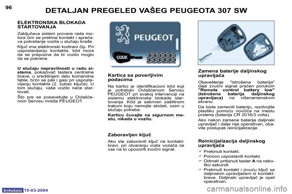 Peugeot 307 SW 2004  Упутство за употребу (in Serbian) �1�5�-�0�3�-�2�0�0�4�1�5�-�0�3�-�2�0�0�4
�9�6�9�7�D�E�T�A�L�J�A�N� �P�R�E�G�E�L�E�D� �V�A�Š�E�G� �P�E�U�G�E�O�T�A� �3�0�7� �S�W� 
�E�L�E�K�T�R�O�N�S�K�A� �B�L�O�K�A�D�A�  
�S�T�A�R�T�O�V�A�N�J�A
�Z�a