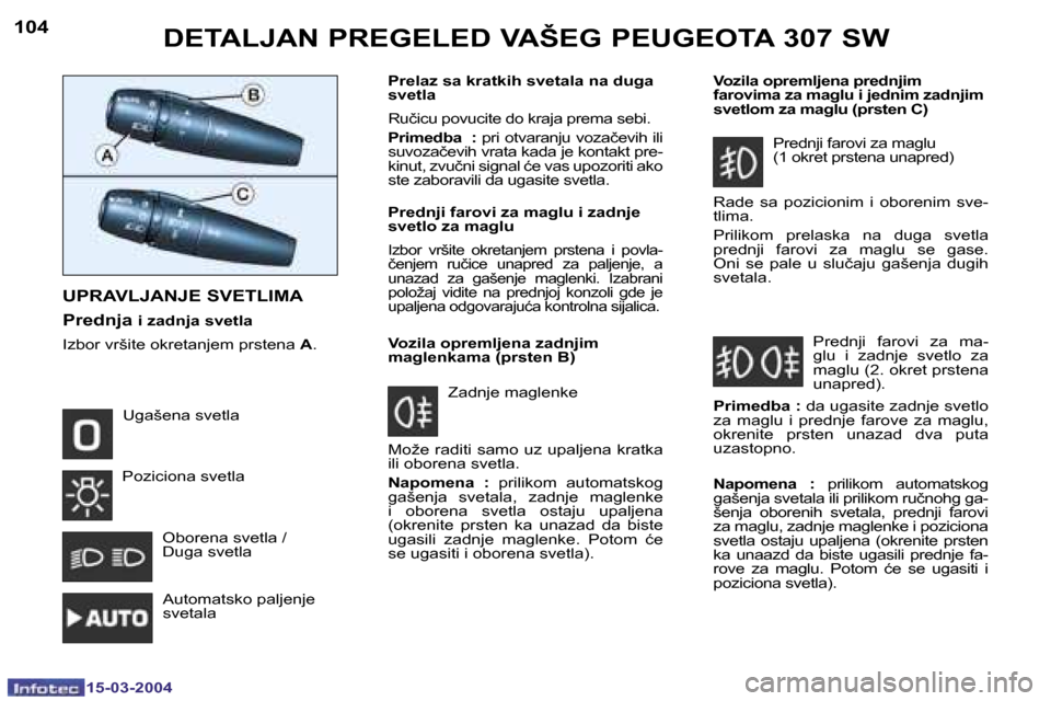 Peugeot 307 SW 2004  Упутство за употребу (in Serbian) �1�5�-�0�3�-�2�0�0�4�1�5�-�0�3�-�2�0�0�4
�1�0�4�1�0�5�D�E�T�A�L�J�A�N� �P�R�E�G�E�L�E�D� �V�A�Š�E�G� �P�E�U�G�E�O�T�A� �3�0�7� �S�W� 
�U�P�R�A�V�L�J�A�N�J�E� �S�V�E�T�L�I�M�A 
�P�r�e�d�n�j�a� 
�i� �z