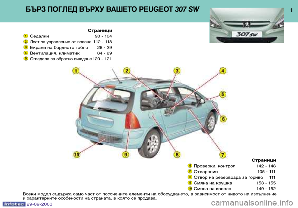 Peugeot 307 SW 2003.5  Ръководство за експлоатация (in Bulgarian) БЪРЗ ПОГЛЕД ВЪРХУ ВАШЕТО PEUGEOT 307 SW
Страници
Седалки 90 - 104
Лост за управление от волана 12 - 118
Екрани на бордното