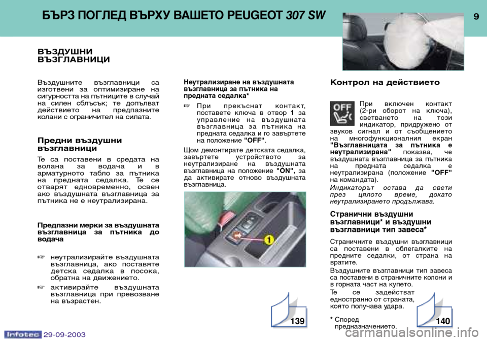 Peugeot 307 SW 2003.5 Ръководство за експлоатация (in Bulgarian)
БЪРЗ ПОГЛЕД ВЪРХУ ВАШЕТО PEUGEOT 307 SW
ВЪЗДУШНИ ВЪЗГЛАВНИЦИ
Въздушните възглавници са
изготвени за оп Peugeot 307 SW 2003.5 Ръководство за експлоатация (in Bulgarian)
БЪРЗ ПОГЛЕД ВЪРХУ ВАШЕТО PEUGEOT 307 SW
ВЪЗДУШНИ ВЪЗГЛАВНИЦИ
Въздушните възглавници са
изготвени за оп