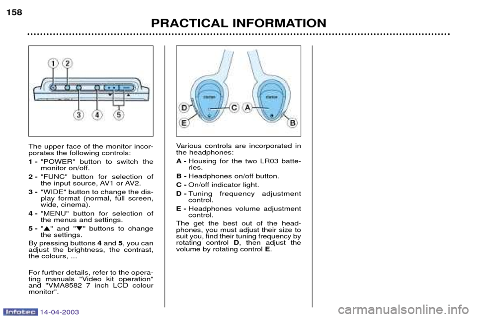 Peugeot 307 SW 2003  Owners Manual 14-04-2003
Various controls are incorporated in the headphones: A-Housing for the two LR03 batte- ries.
B - Headphones on/off button.
C - On/off indicator light.
D - Tuning frequency adjustmentcontrol