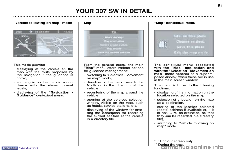 Peugeot 307 SW 2003  Owners Manual 14-04-2003
YOUR 307 SW IN DETAIL81
This mode permits: 
- displaying of the vehicle on the map with the route proposed by the navigation if the guidance isactive,
- zooming in on the map in accor- danc