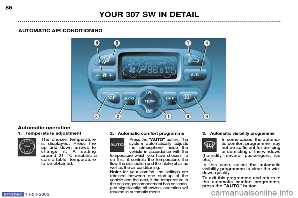 Peugeot 307 SW 2003  Owners Manual 14-04-2003
YOUR 307 SW IN DETAIL
86
AUTOMATIC AIR CONDITIONING
Automatic operation 
1. Temperature adjustment The chosen temperatureis displayed. Press the  up and down arrows to
change it. A settinga